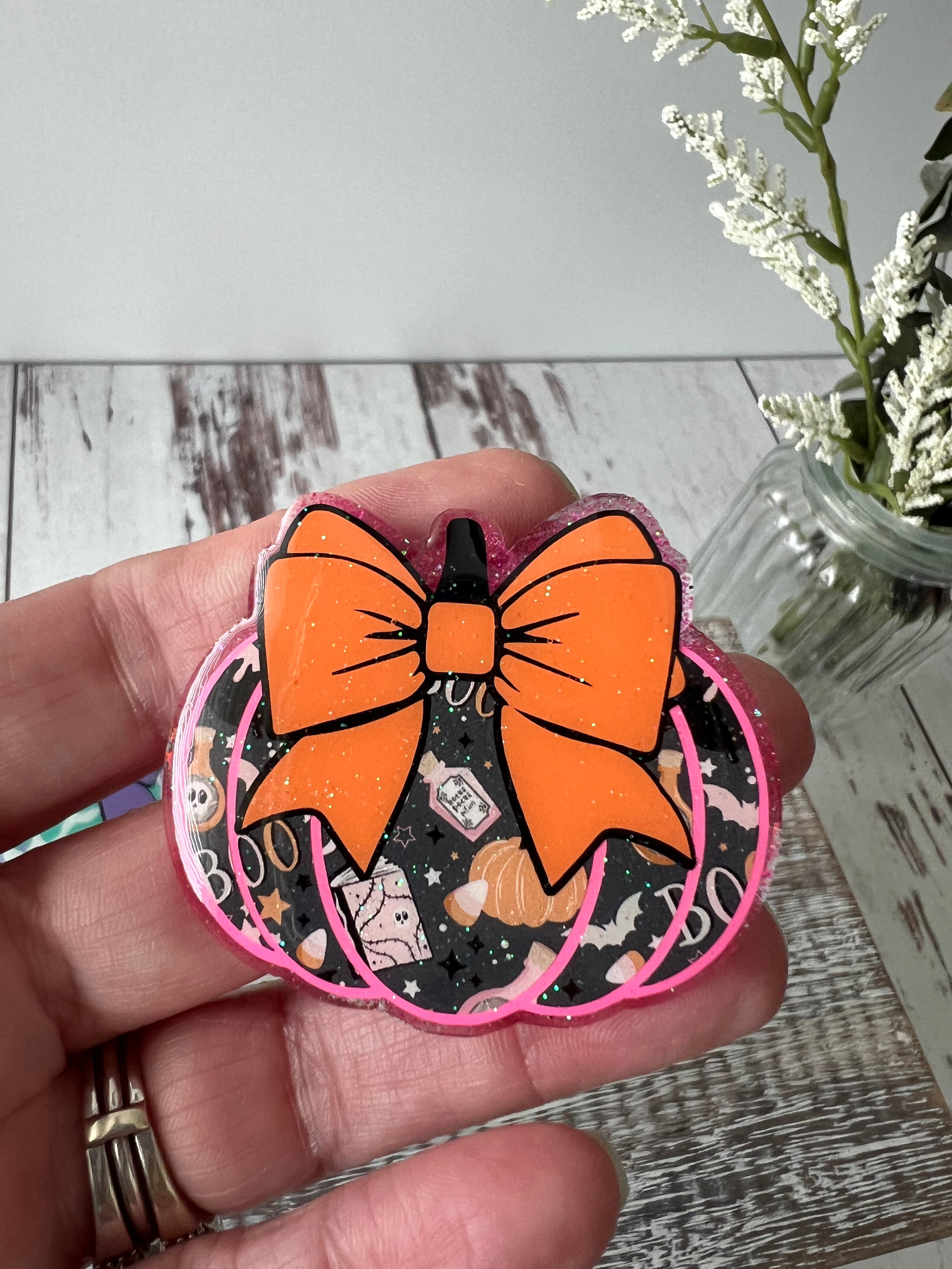 Puffy Boho Pumpkin with Bow Name Badge Reel